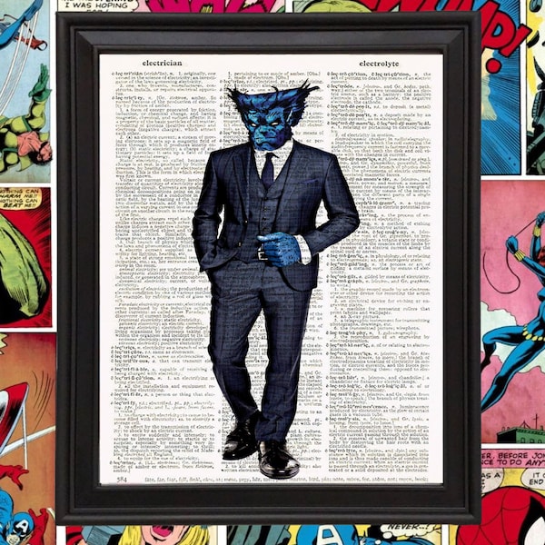 X-Men Beast Wearing Suit - Funny Marvel Superhero Poster - Comic Fan Gift - X-Men Art Print - Nerd Cave Decor - Vintage Dictionary Page