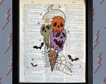 Ice Scream Cute Halloween 8x10 Print on Antique Dictionary Page, Unique Fall Spooky Season Halloween Decor, Creepy Cute Halloween Decor