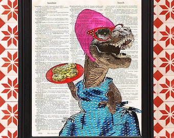 Tyrant in the Kitchen T-Rex Baking Cookies in vintage apron with beehive wig Gift for Mom Kitchen Decor Vintage Dictionary Page Art Print