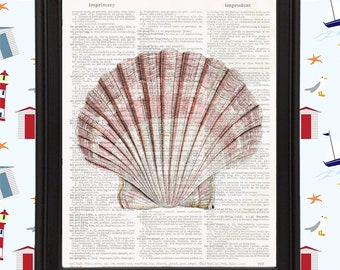 Fan Scallop Beige Pink Seashell Beach House Wall Art Print Coastal Decor Vintage Dictionary Page Print OOAK 8x10