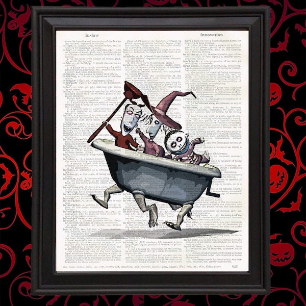 Lock Shock and Barrel in Tub Nightmare Before Christmas Decor Devil Witch Skeleton Halloween Wall Art Gift Dictionary Page Art Print 8x10