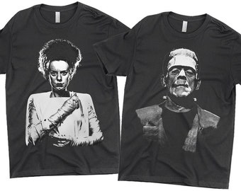 Paquete de 2 camisetas de pareja de Frankenstein - Horror clásico universal - Regalos de pareja gótica - Ropa de película de miedo - Camiseta premium para hombre y mujer
