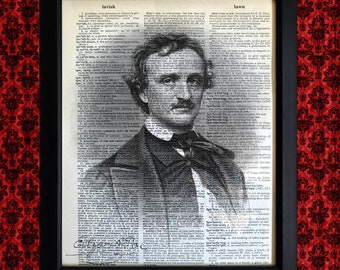 Edgar Allan Poe 8x10 Print on Vintage Dictionary Page, Victorian Era Illustration, Goth Decor, Weird Stuff, Dark Art Print, Spooky Decor