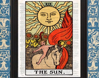 The Sun Tarot Card Art Print Couples Gift Tarot Reading Alchemy Magic Rider Waite Deck Spiritual Art Vintage Tarot Book Page Art Print