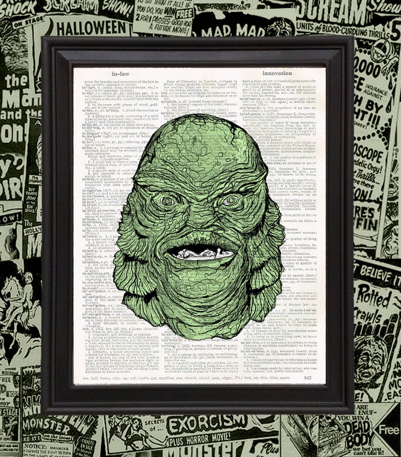 Pop Art Creature from the Black Lagoon Gill-man 8x10 print upcycled Vintage Dictionary Classic Horror Gift for Horror Fan Gothic Home Decor