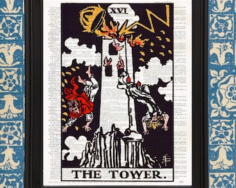 The Tower Tarot Card Art Print Couples Gift Tarot Reading Alchemy Magic Rider Waite Deck Spiritual Art Vintage Tarot Book Page Print