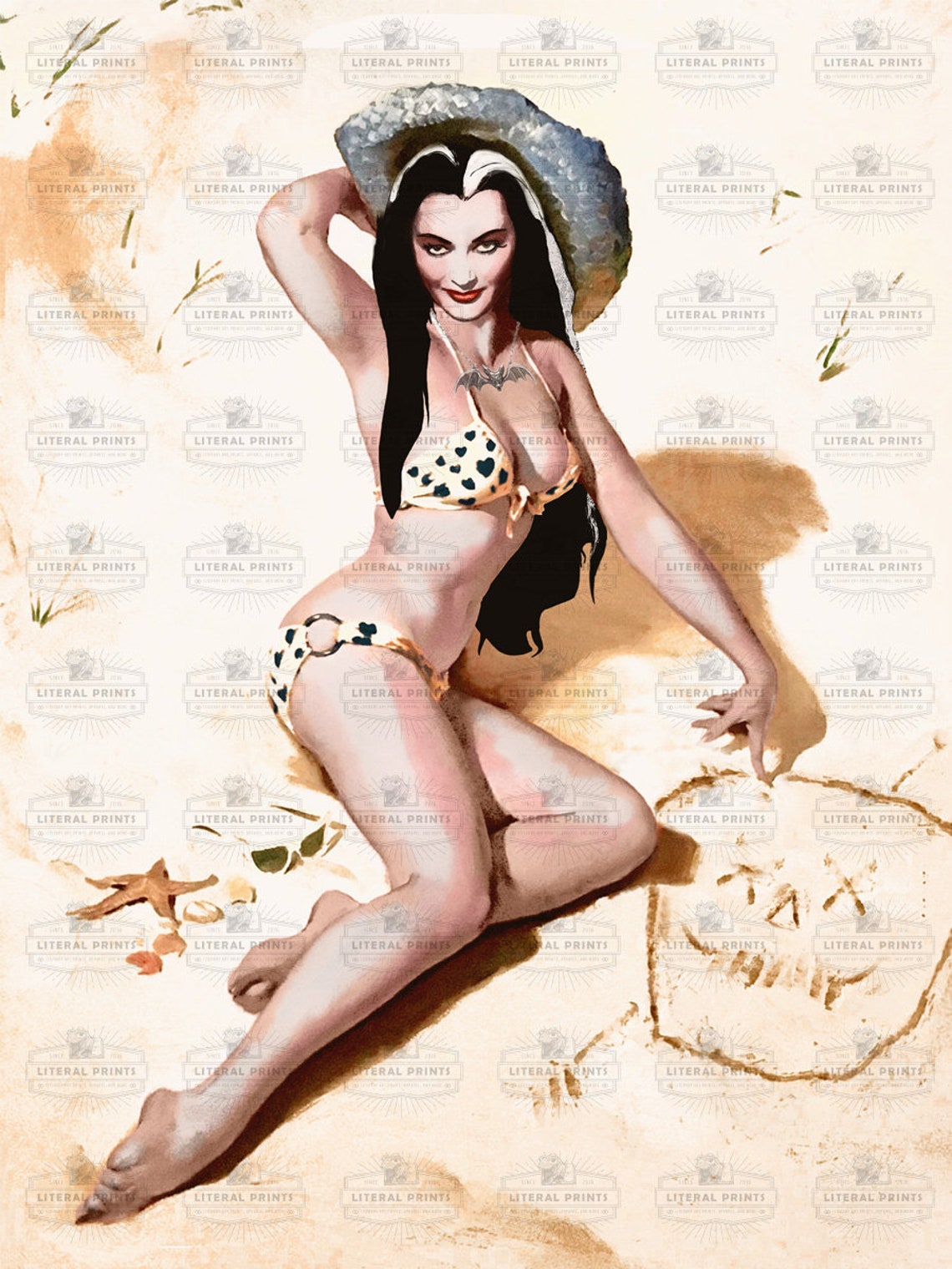 Lily Munster At The Beach White Bikini Black Hearts Drawing Etsy