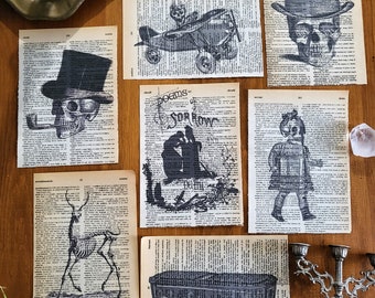 Grim Humor Print Bundle, 7 prints on Vintage Dictionary Pages, Goth Decor, Goth Gifts, Dark Aesthetic, Graveyard Creepy Artwork, Dark Humor