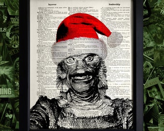 Creature from the Black Lagoon in Santa Hat on 8x10 Upcycled Vintage Dictionary Page