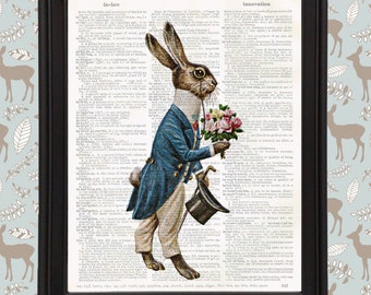 Gentleman Bunny in Suit Holding Flowers Print on Vintage Book Page Vintage Anthropomorphic Animal Art Vintage Animal Imagery Rabbit Wall Art