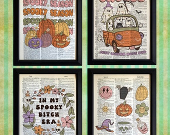 Cute Halloween 4-pack 8x10 Prints on Vintage Dictionary Pages, Girly Retro Pastel Halloween Home Decor, Unique Fall Spooky Season Decor Sale