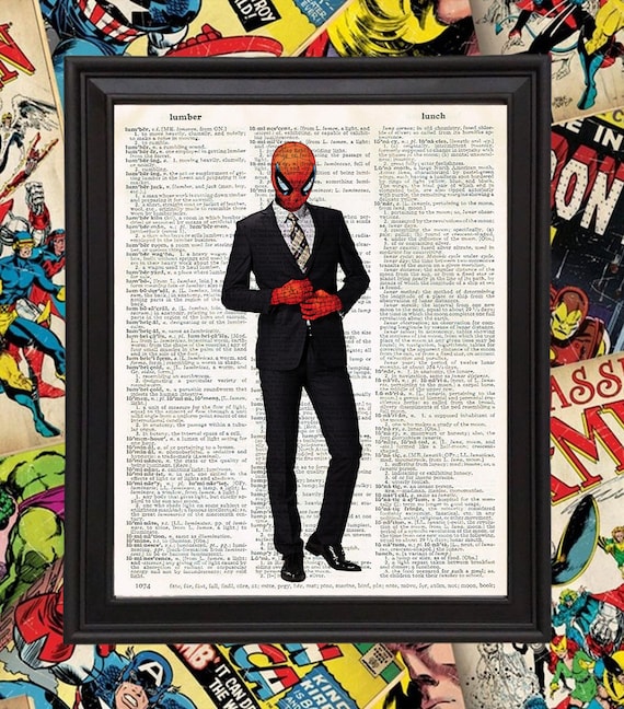 Spider-man Wearing Business Suit on Vintage Dictionary Page Funny Marvel  Superhero Poster Comic Fan Gift Nerd Cave Decor 