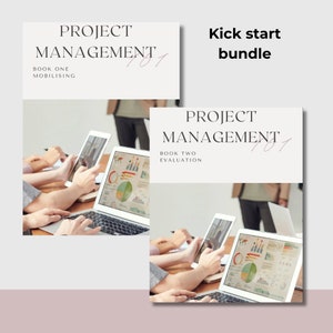 Op de afbeelding: Een digitale marketingbundel met twee boeken met de titel "Project Management 101". Het eerste boek heet "Mobilizing" en het tweede boek heet "Evaluation".
