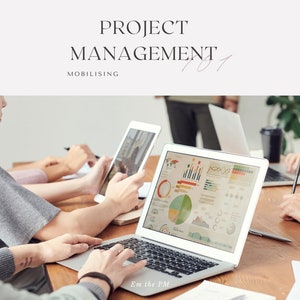May include: A group of people working on a project together. They are using laptops and tablets to analyse data and charts. The text on the laptop screen reads "Em the PM".