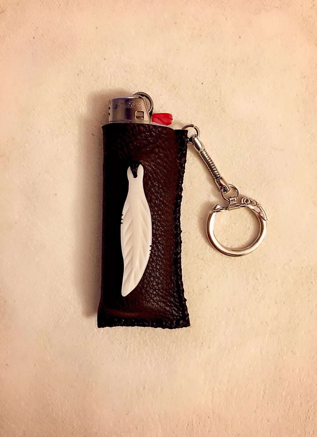 Lighter Case - Buckskin - Buffalo Bone Carved Feather - Keychain Lighter  Holder - Authentic Native American - Sage Blessed