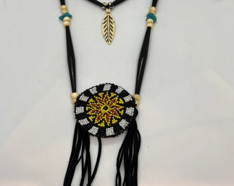 Beaded Medallion Necklace - Native American - Buffalo Bone & Buffalo Horn Beads - Buckskin - Sage Blessed - (ww104)