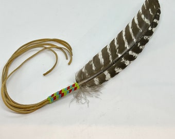 Beaded Smudge Feather - Prayer Feather - Turkey Feather -Buckskin - Sage Blessed - Smudging Feather