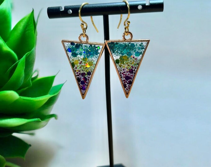 Triangle Earrings - Blue Green Purple Glitter - 14k Gold Filled Hooks