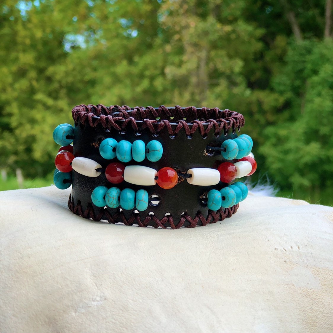 Native American Leather Bracelet Buffalo Bone Cuff Style