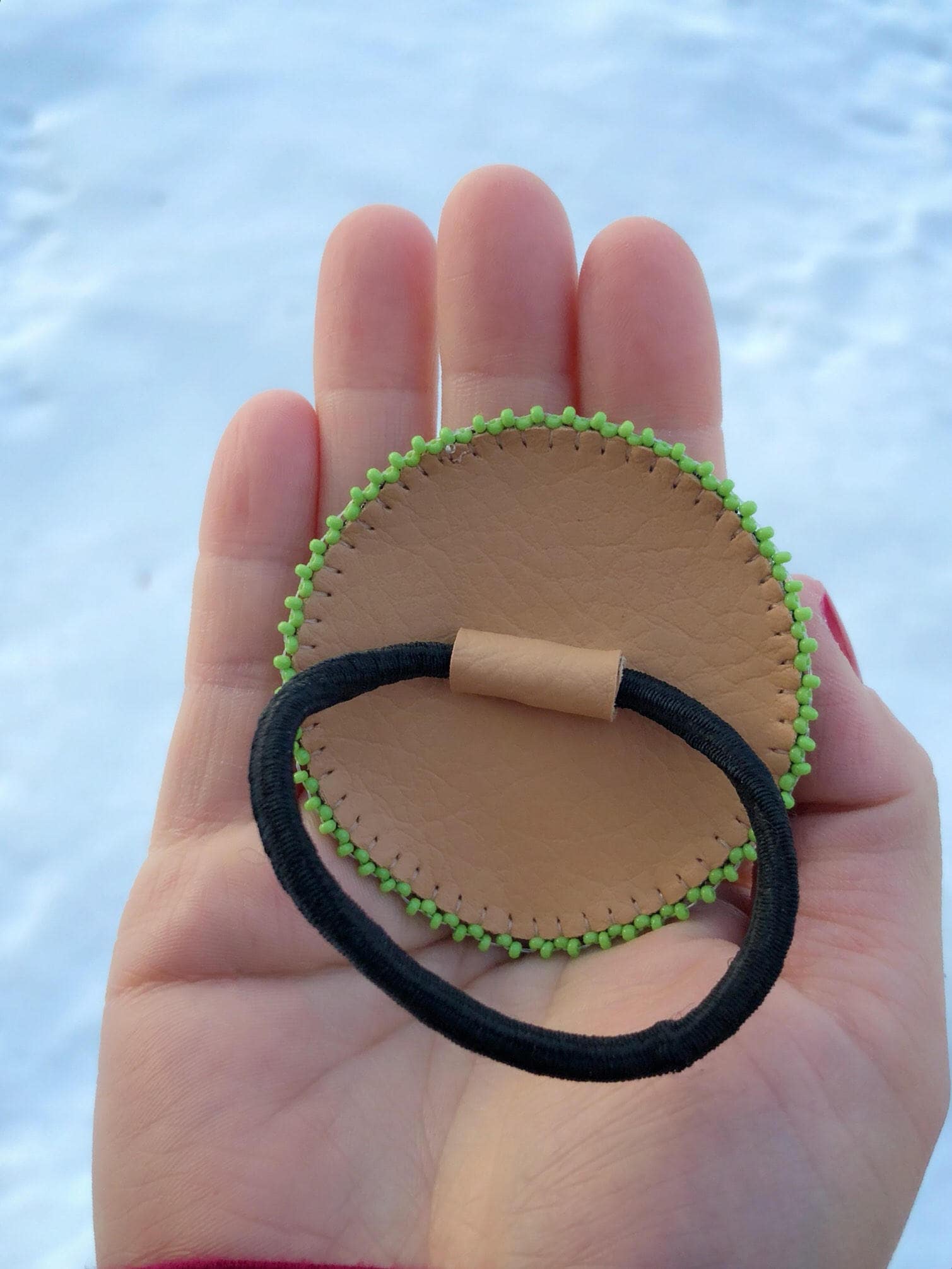 Beaded Pony Tail Hair Tie Hair Band Glass Beads On Leather