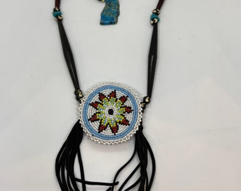 Beaded Medallion Necklace - Native American - Sage Blessed - Buffalo Bone & Horn Beads - Turtle - Adjustable Length - (ww105)