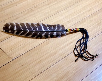 Beaded Smudge Feather - Turkey Feather - Beadwork - Native American - Buckskin Fringe