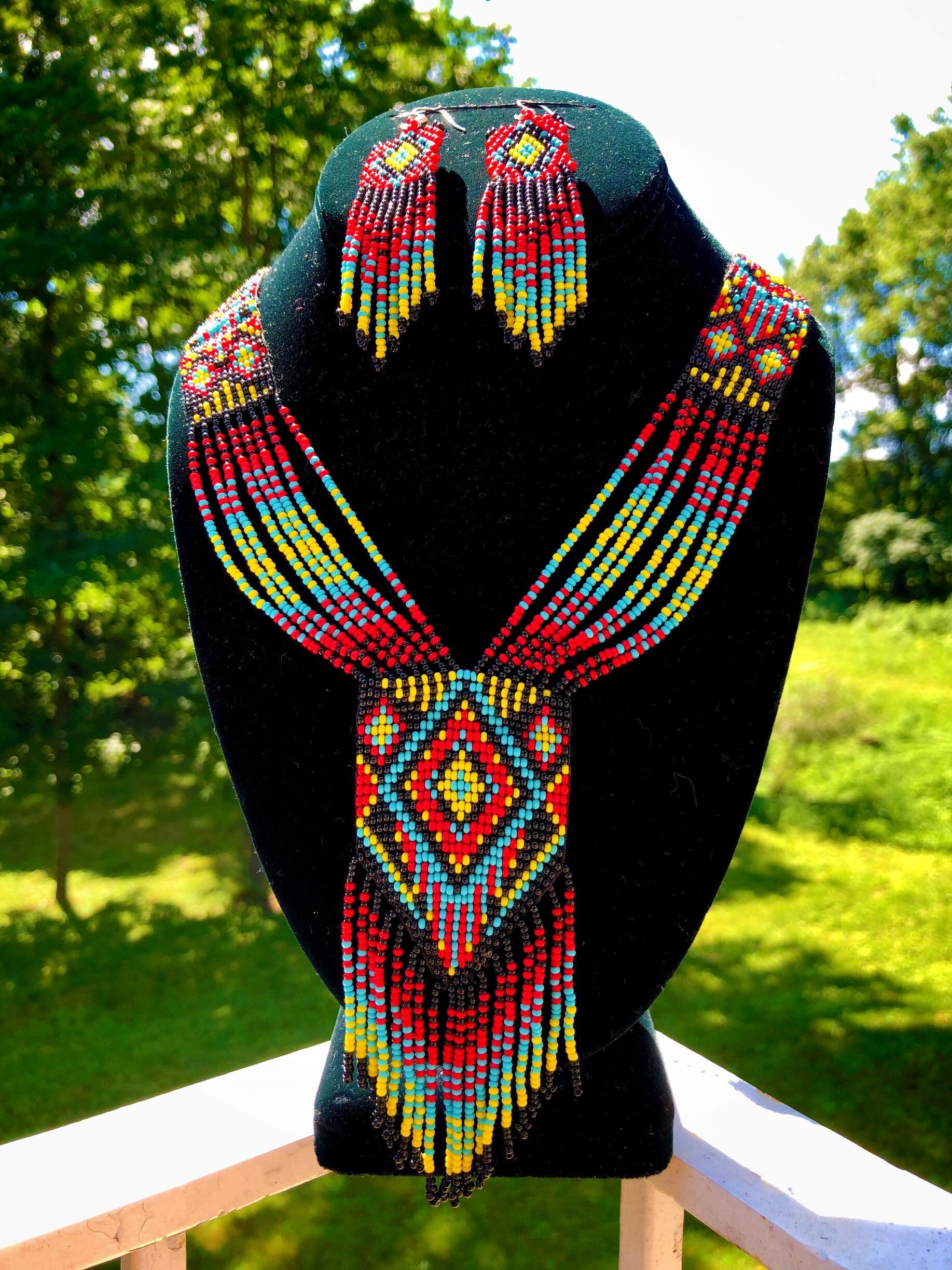 Native American Beaded Jewelry Set Necklace And Earrings Diamond