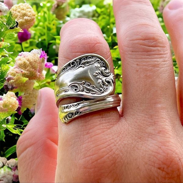 Spoon Ring - Feather Design - Wrap Style - Antique Royal P