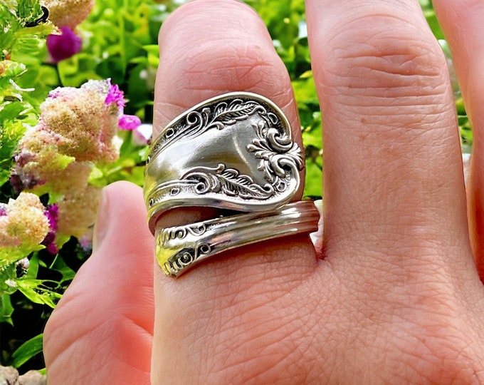 Spoon Ring - Feather Design - Wrap Style - Antique Royal P