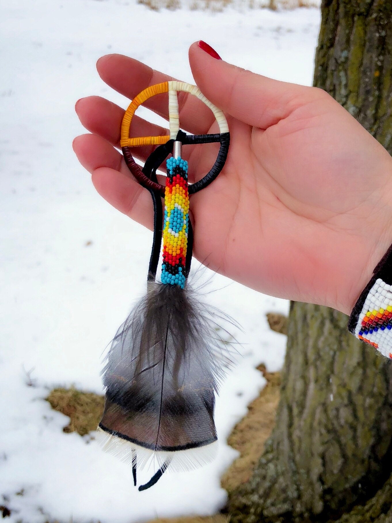 Quilled Medicine Wheel - Native American Beadwork - Medicine Wheel Hair Tie  - Lakota - Sioux - Porcupine Quill - Natural Dye