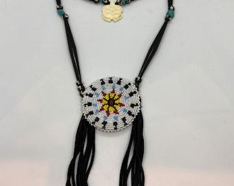 Beaded Medallion Necklace - Native American - Sage Blessed - Buckskin Fringe - Lakota - Sioux - (ww119)