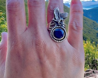 Size 8 - Eagle Ring - Lapis Lazuli - Sterling Silver - Native Made