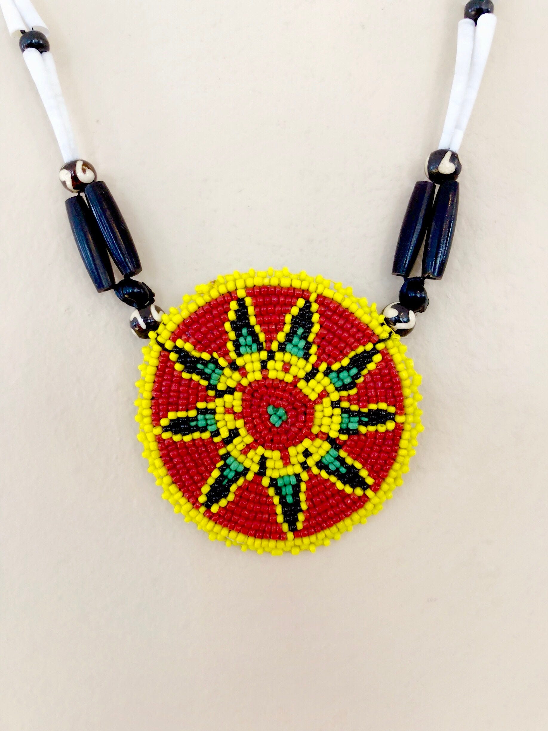 Native American Beaded Medallion Necklace Buffalo Bone Dentalium