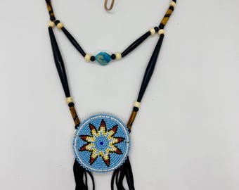 Beaded Medallion Necklace - Native American - Sage Blessed - Buckskin Fringe - Lakota - Sioux