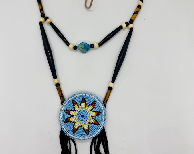 Beaded Medallion Necklace - Native American - Sage Blessed - Buckskin Fringe - Lakota - Sioux