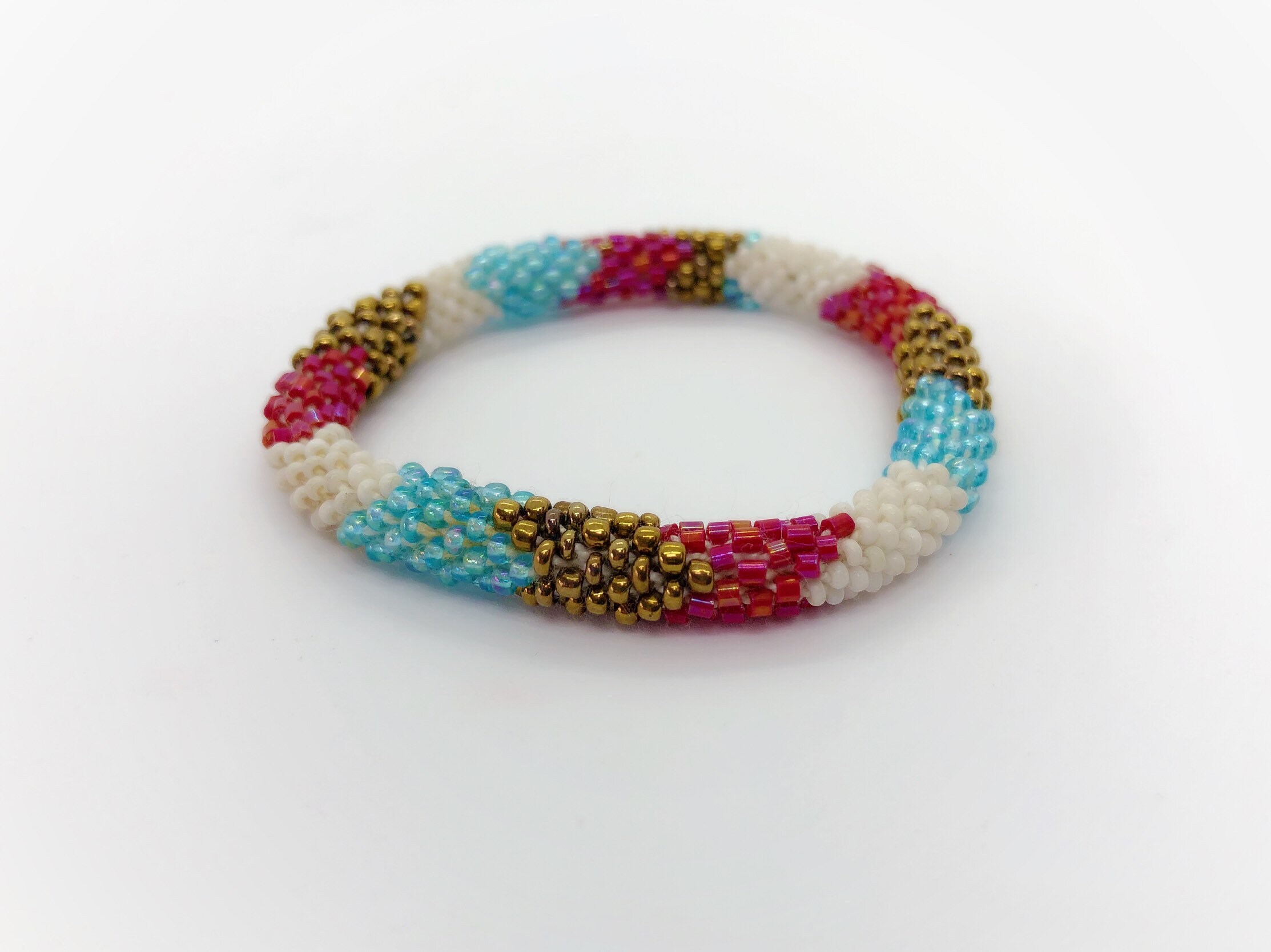Beaded Bracelet Roll On Bracelet White Pink Blue Gold Handmade