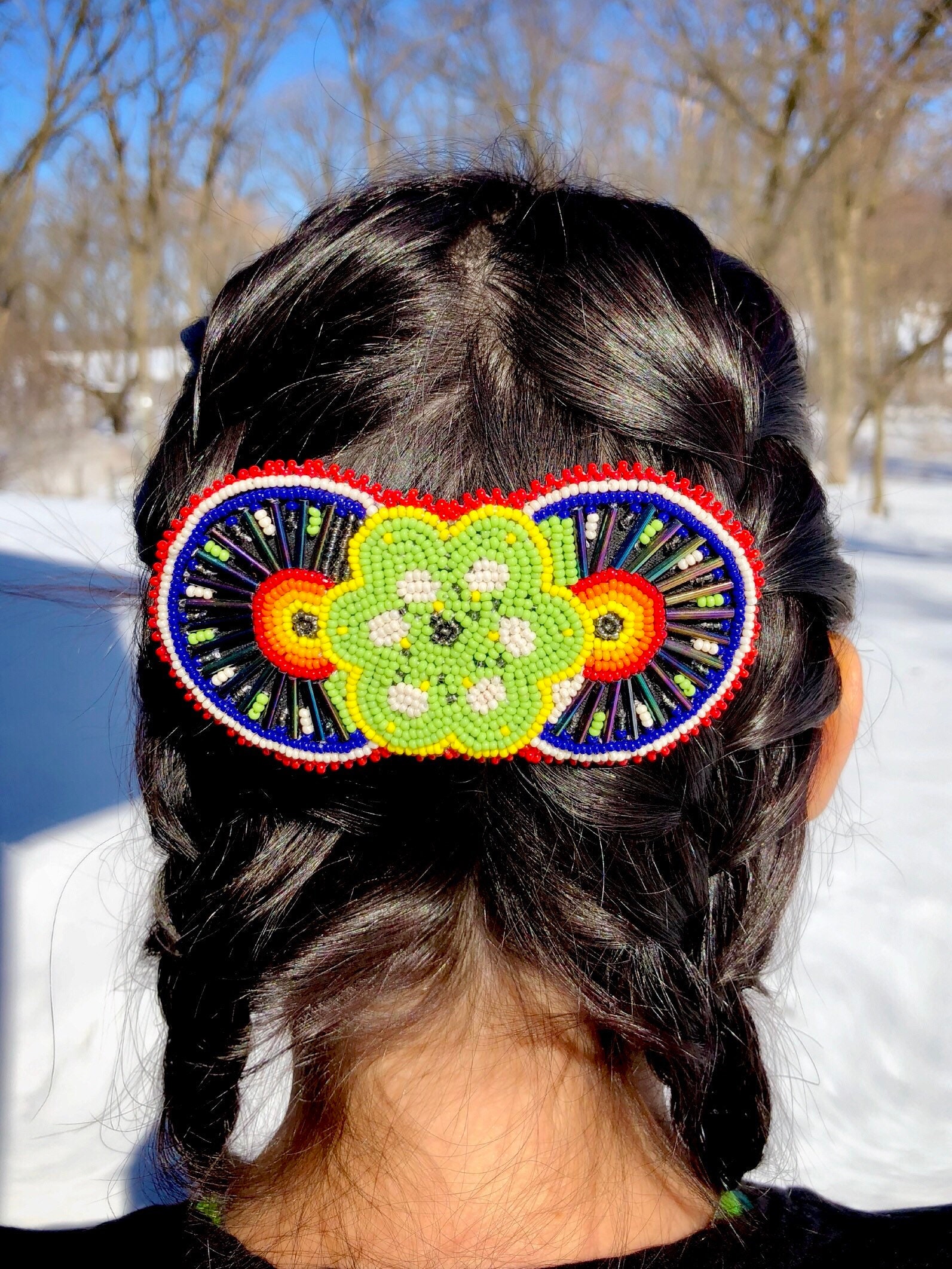Native American Beaded Barrette - Glass Beads - Leather Back - Handmade