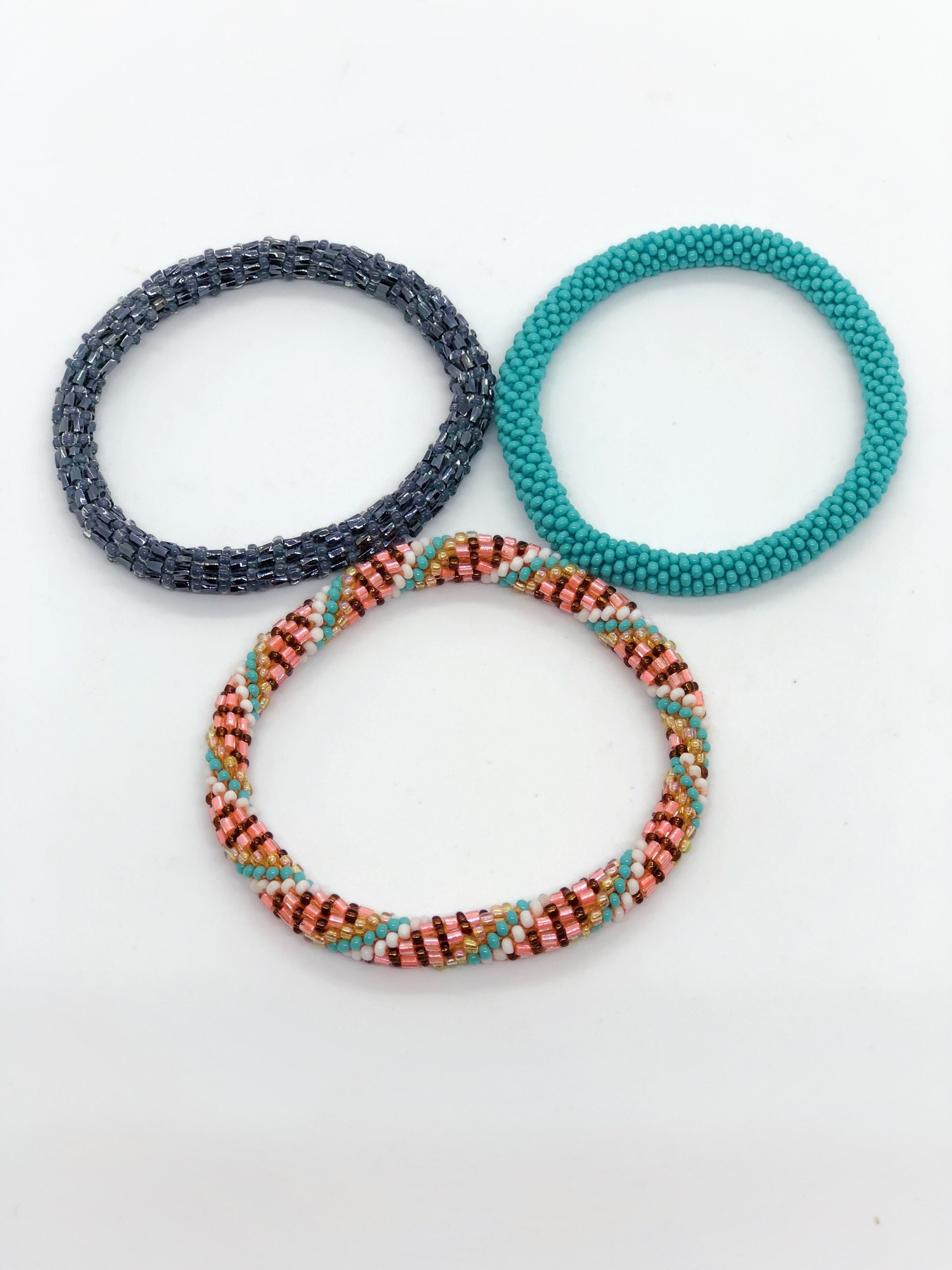 Beaded Roll On Bracelets Trio - Three Stacking Bracelets - Handmade