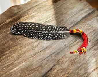 Beaded Smudge Feather with Beaded Fringe - Red - Native American