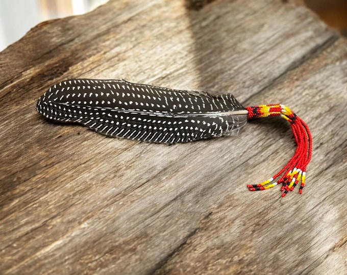 Beaded Smudge Feather with Beaded Fringe - Red - Native American