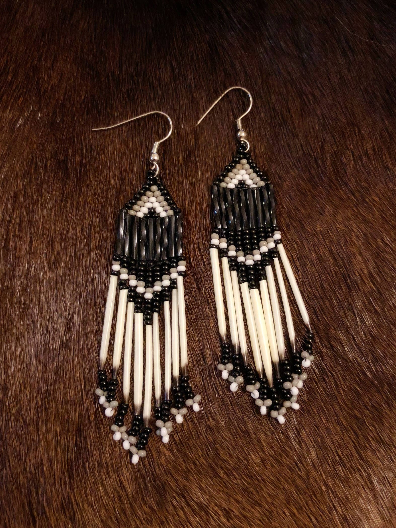 Porcupine Quill Earrings Native American Black and Gray Glass