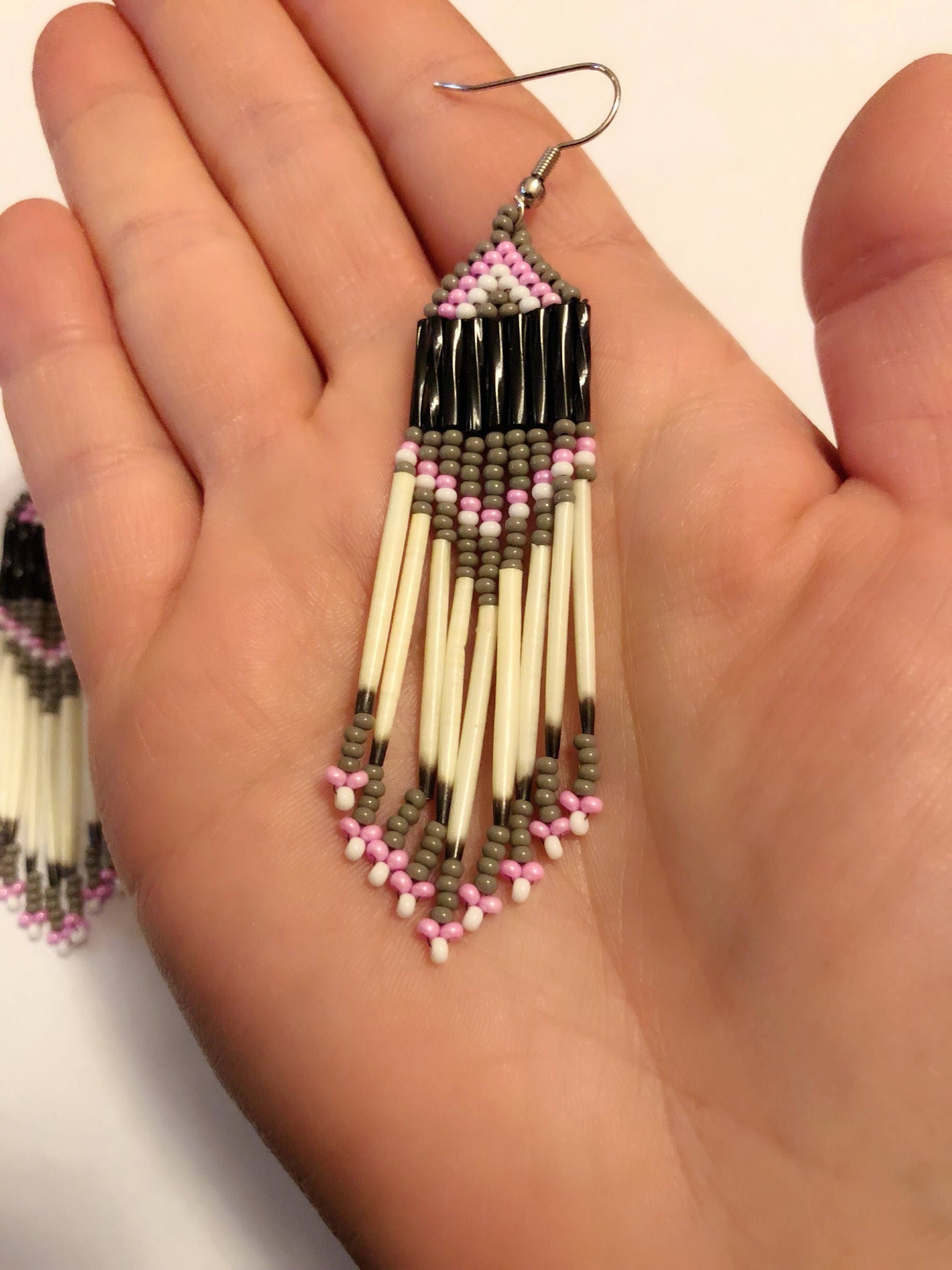 Porcupine Quill Earrings Authentic Native American Pink and Gray