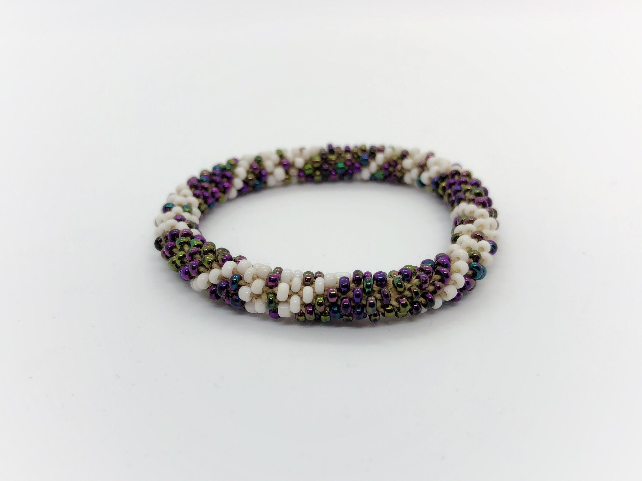 Beaded Bangle Roll On Bracelet Iridescent Purple White Handmade
