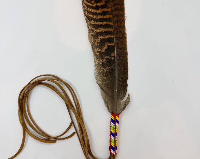 Beaded Smudge Feather - Authentic Native American - Turkey Feather