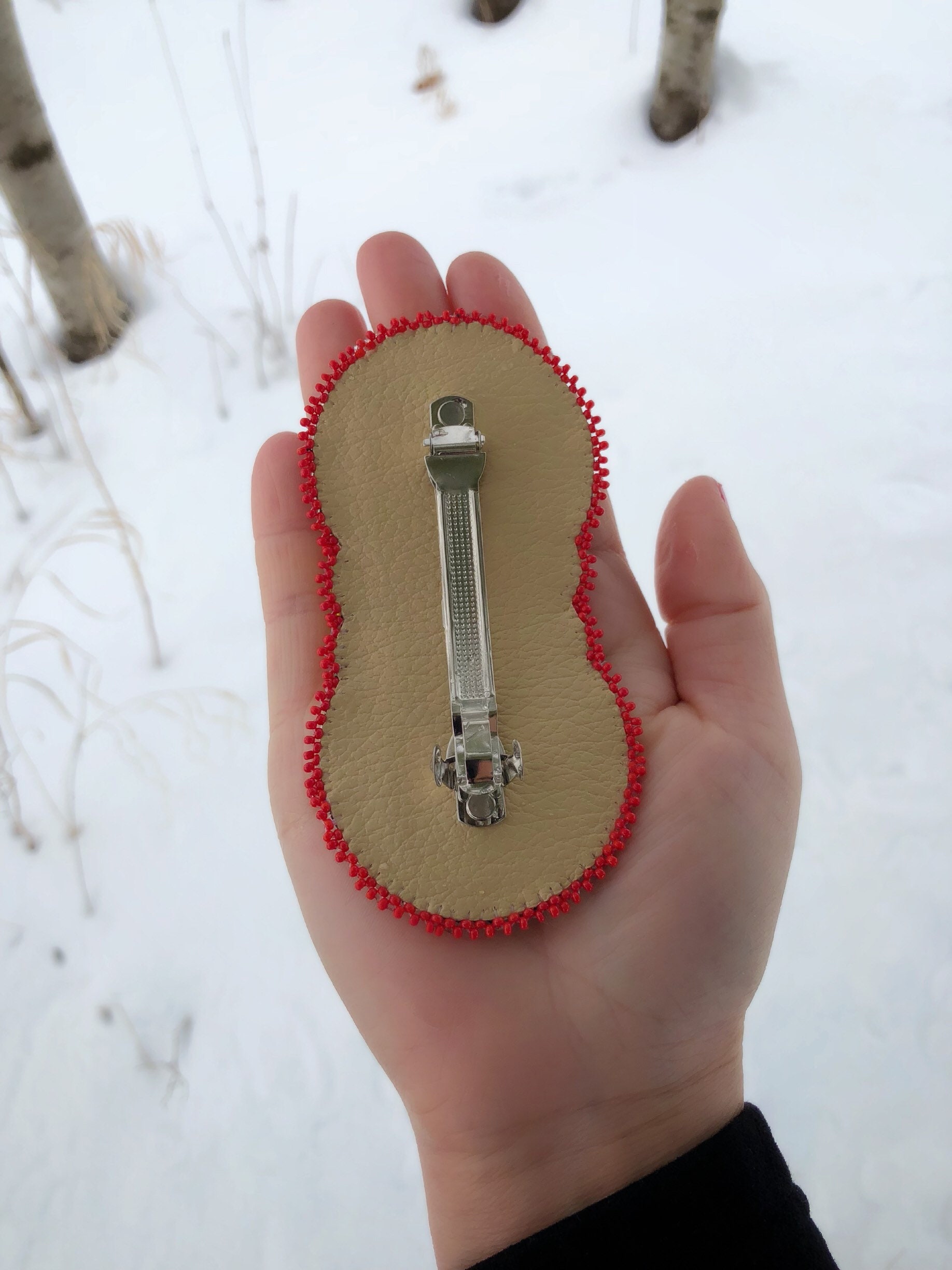 Native American Beaded Barrette Glass Beads Leather Back Handmade Powwow Barrette