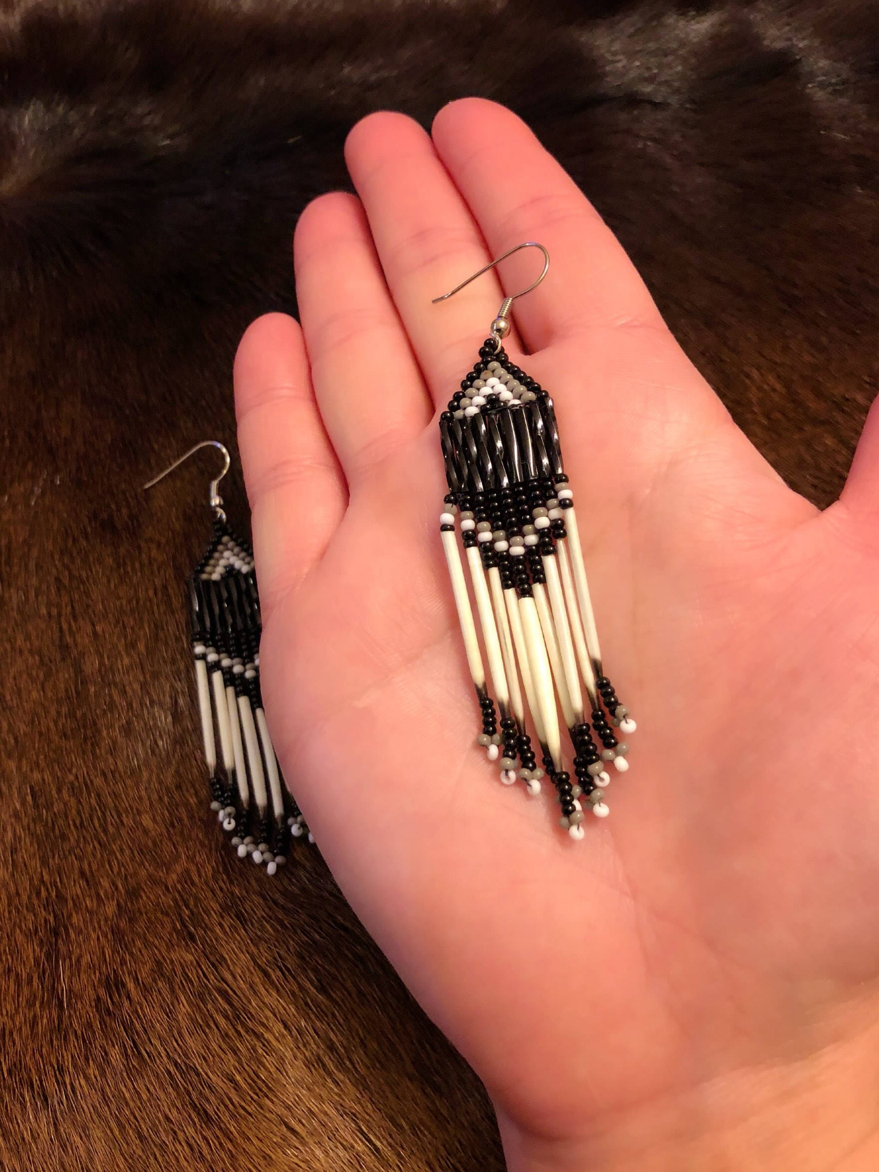 Porcupine Quill Earrings Native American Black and Gray Glass