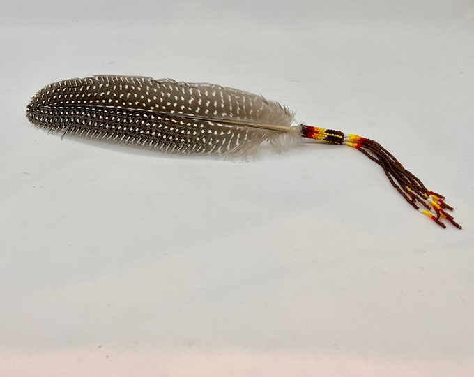 Beaded Smudge Feather with Beaded Fringe - Brown - Native American