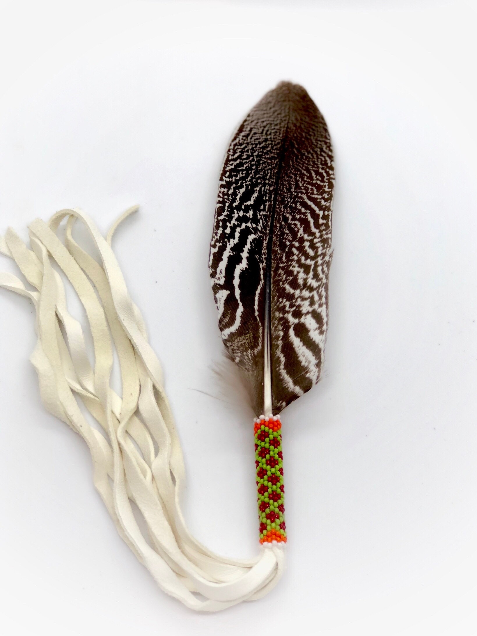 Beaded Smudge Feather Native American Smudging Feather Prayer Feather Buckskin Fringe