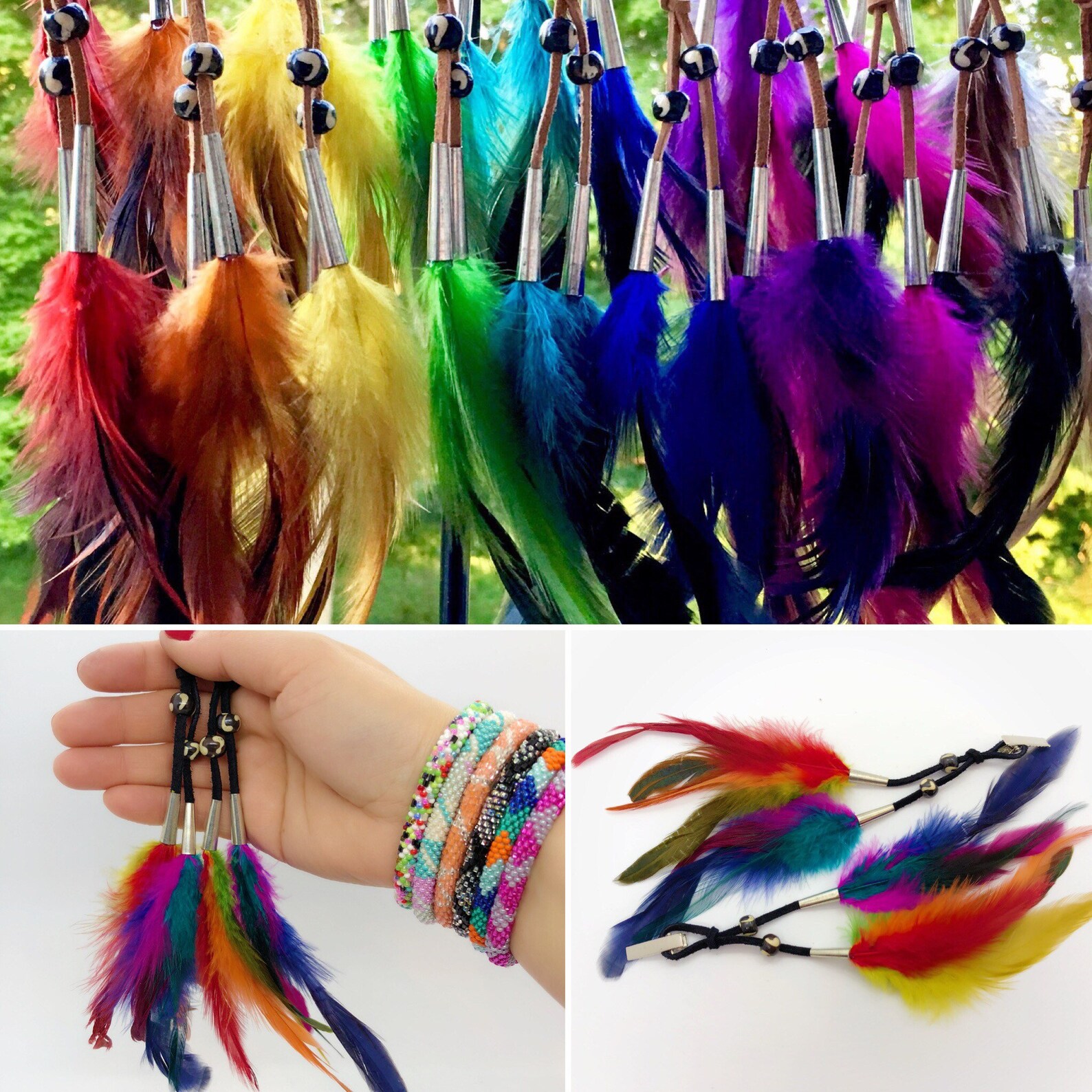 Feather Hair Clips - Buffalo Bone Beads - Horse Mane Feathers- Native American Hair Feathers - Variety of Colors
