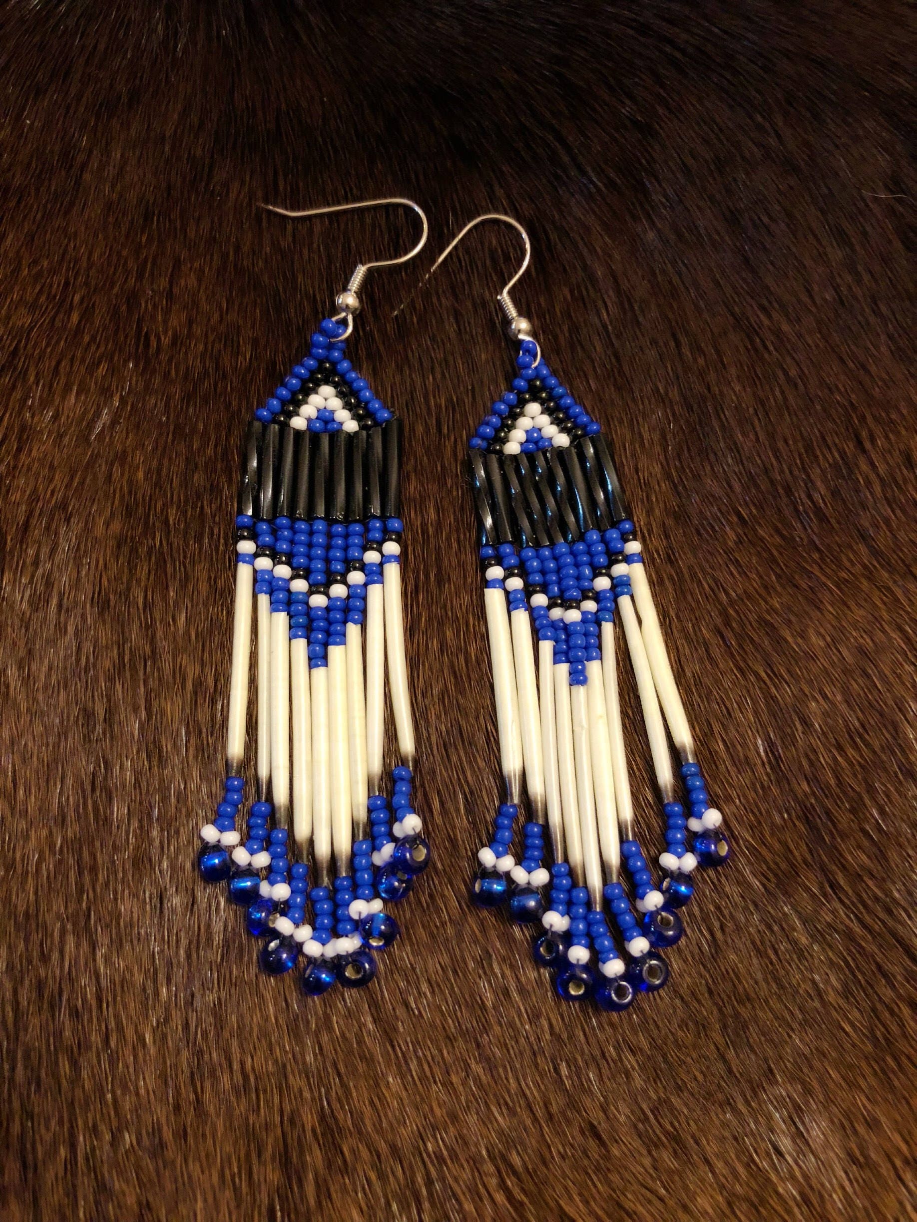 Porcupine Quill Earrings Native American Glass Beads Blue
